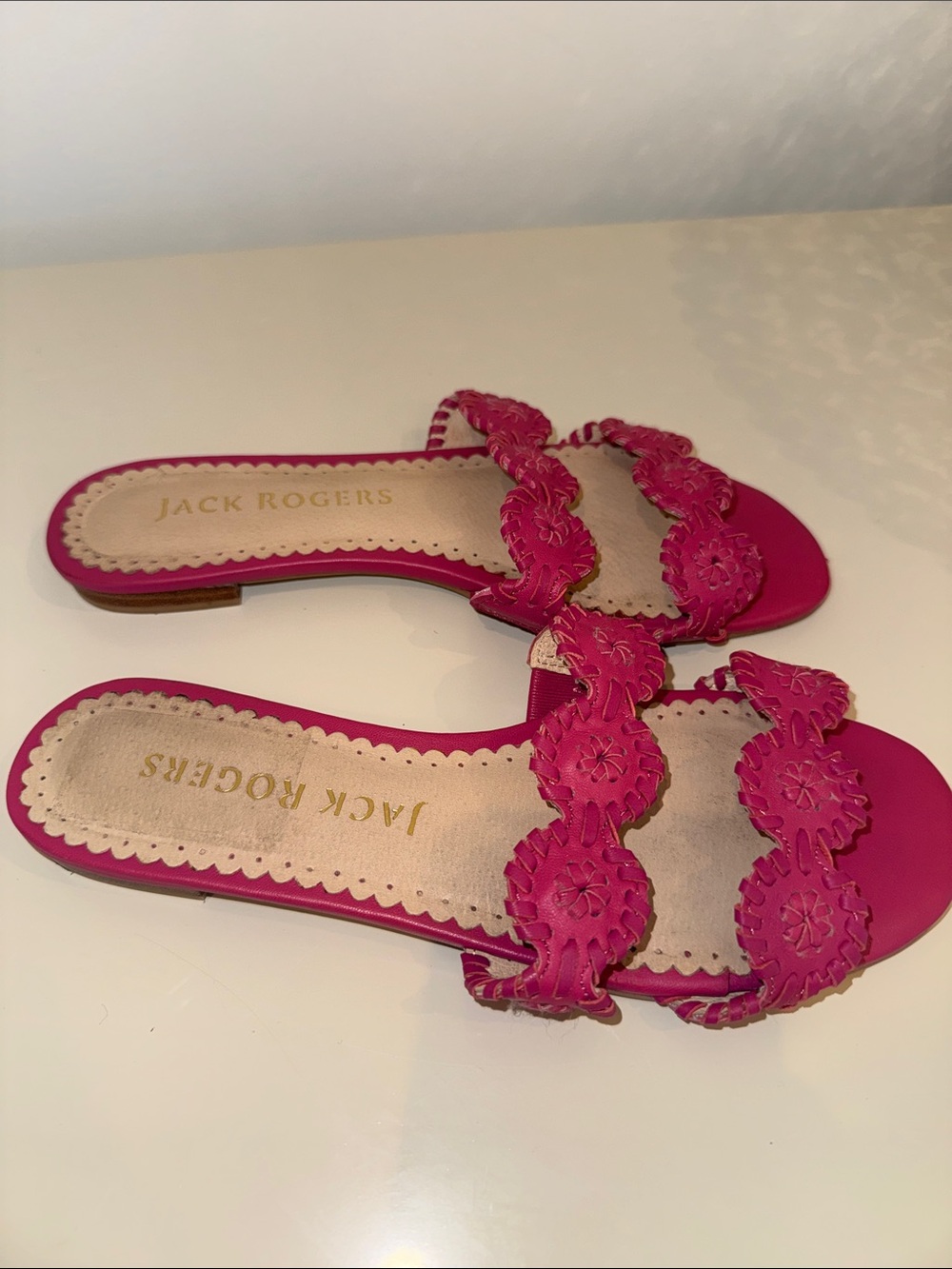 Jack Rogers Hot Pink Scalloped Leather Slide Sandals